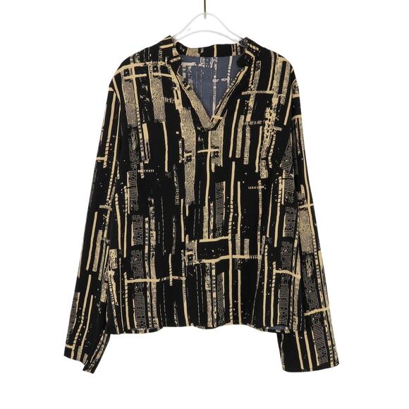Shein Black Abstract Pattern V-Neck Long Sleeve Blouse Large - Picture 2 of 4